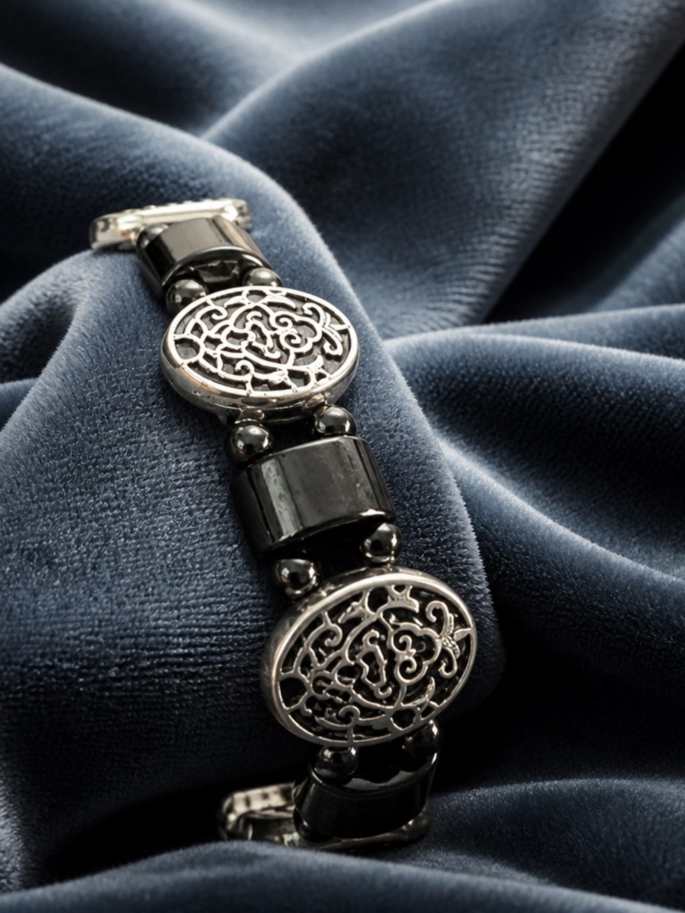 Elegant Black Hematite Filigree Link Bracelet, designed by DRich